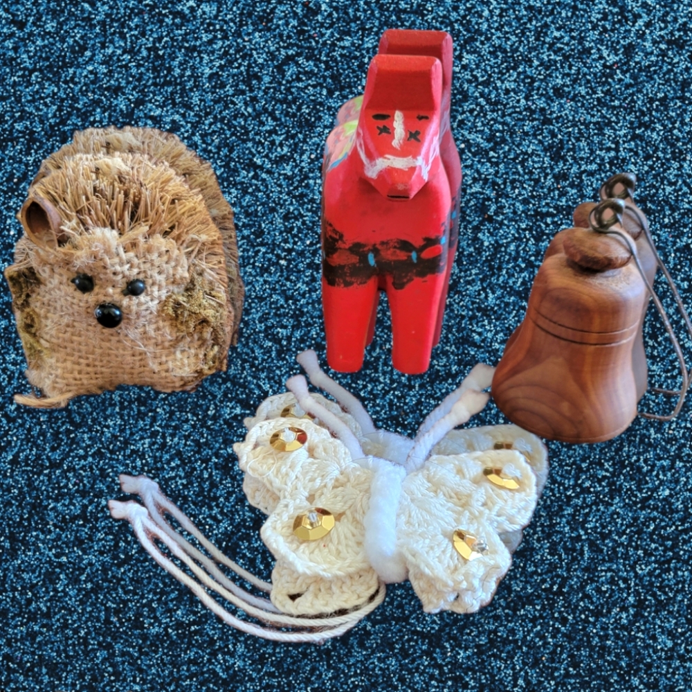 4 Vtg Hand Crafted Ornaments Figurines, Bell, Pony, Hedgehog, Butterfly